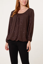 Scoop Neck Glitter Sheer Blouse