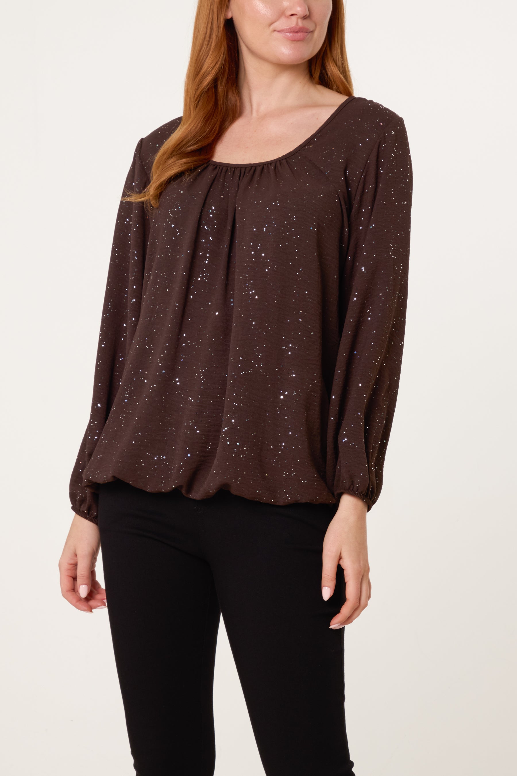 Scoop Neck Glitter Sheer Blouse