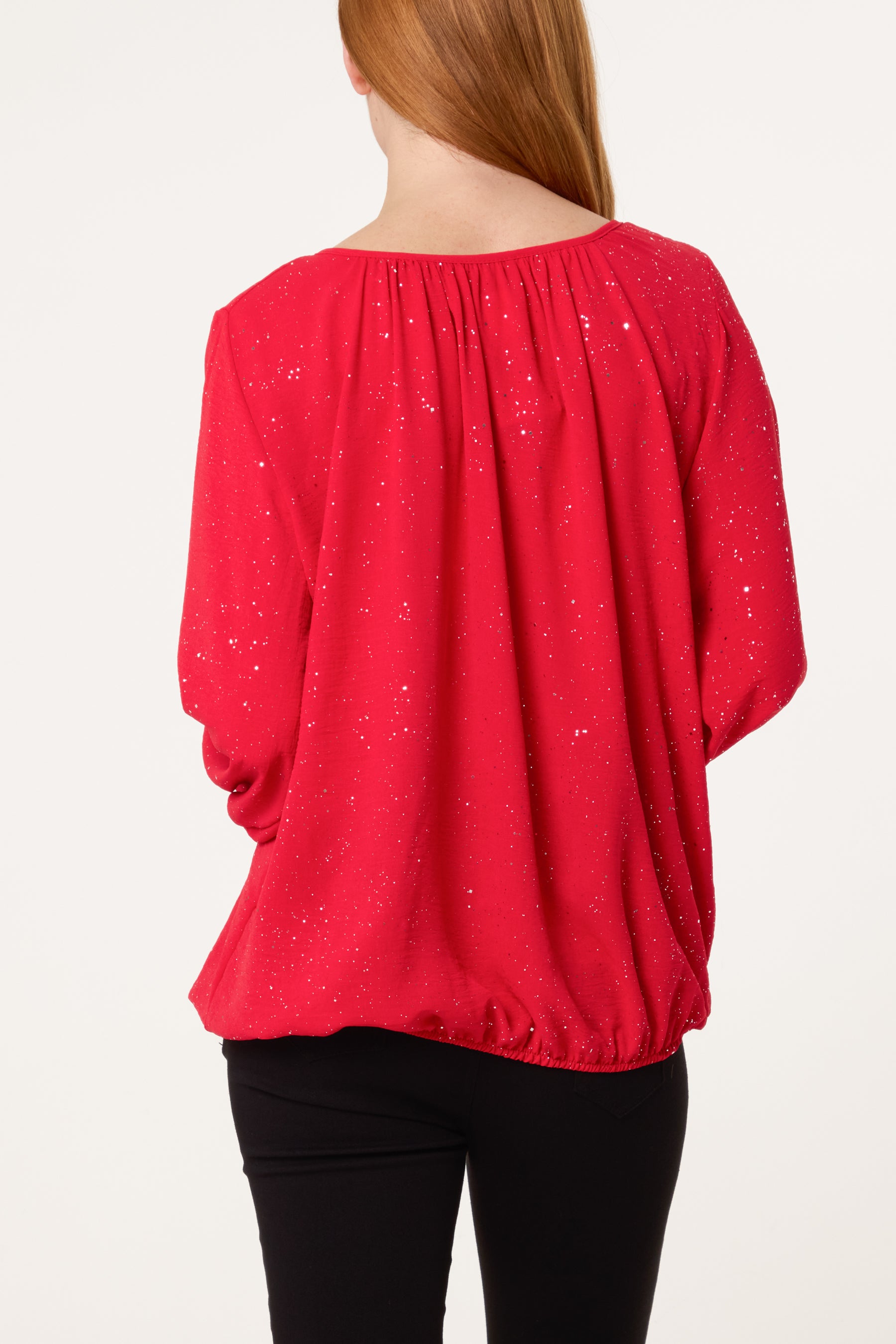 Scoop Neck Glitter Sheer Blouse
