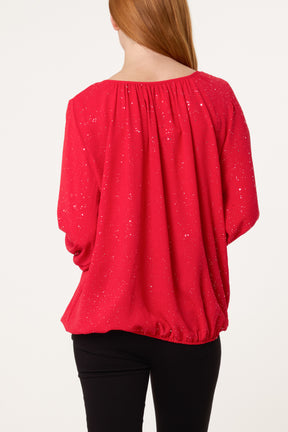 Scoop Neck Glitter Sheer Blouse