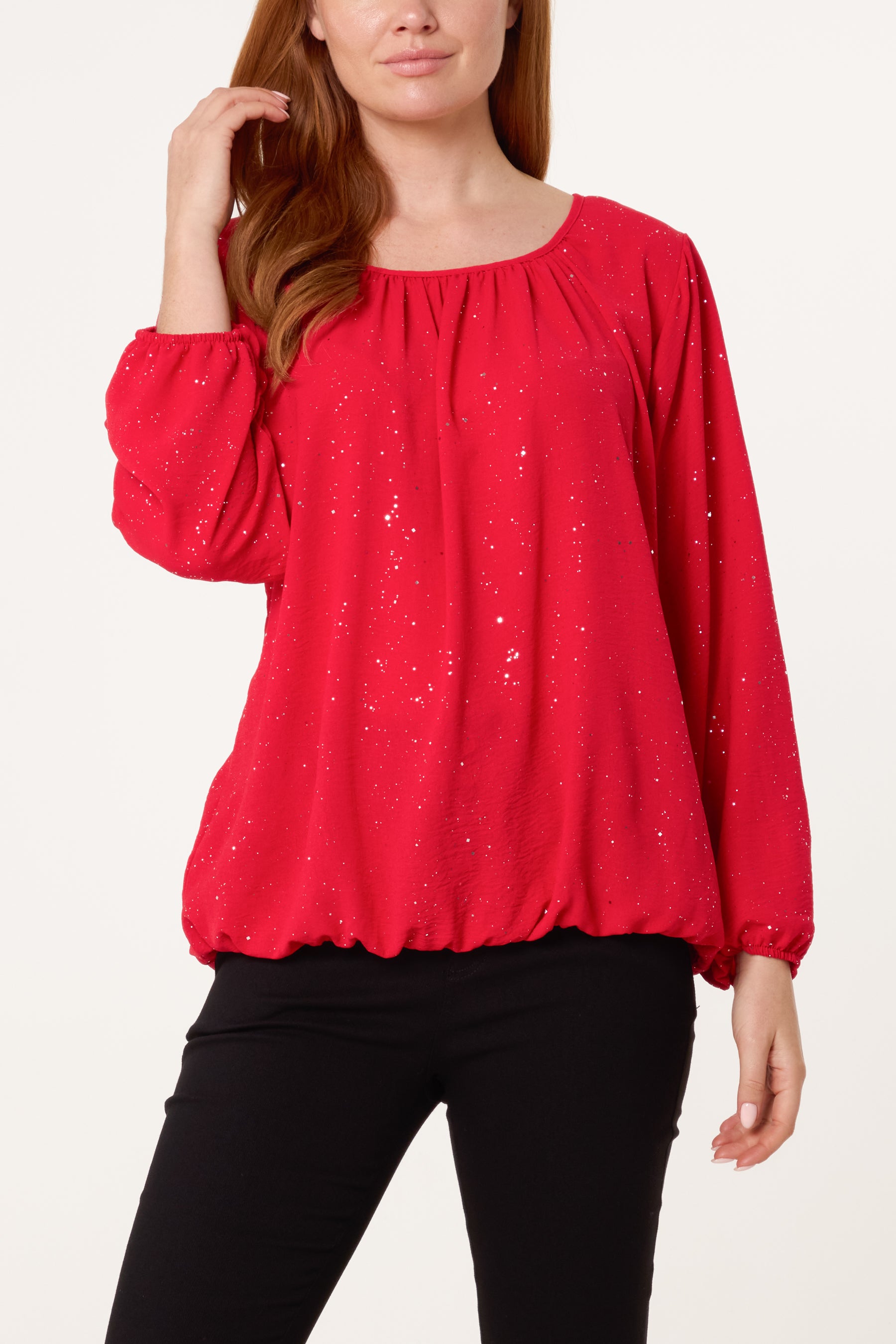 Scoop Neck Glitter Sheer Blouse