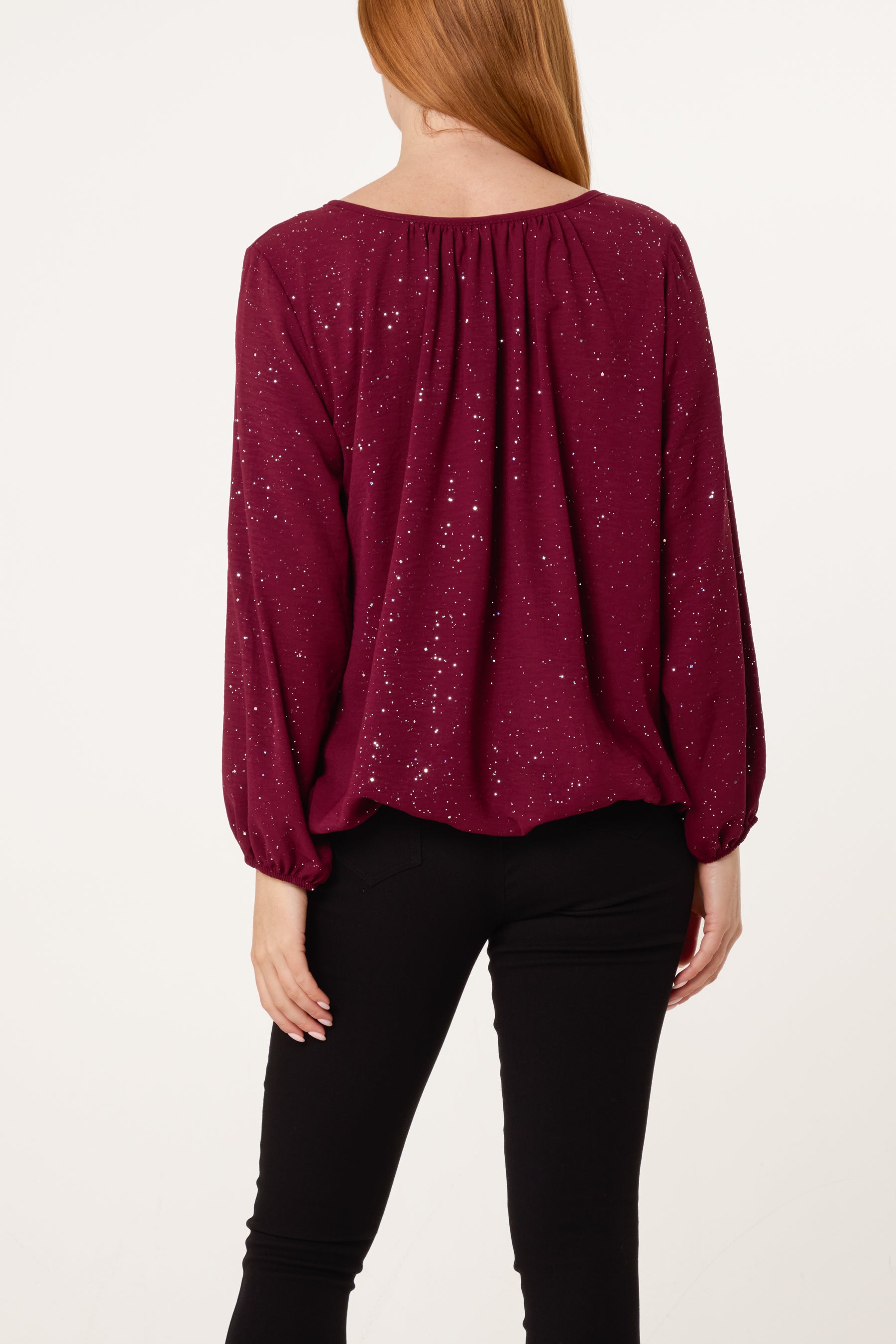 Scoop Neck Glitter Sheer Blouse