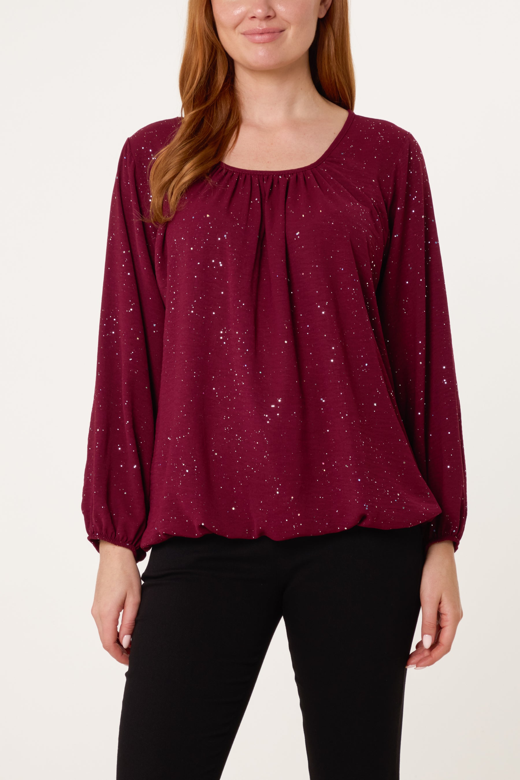 Scoop Neck Glitter Sheer Blouse