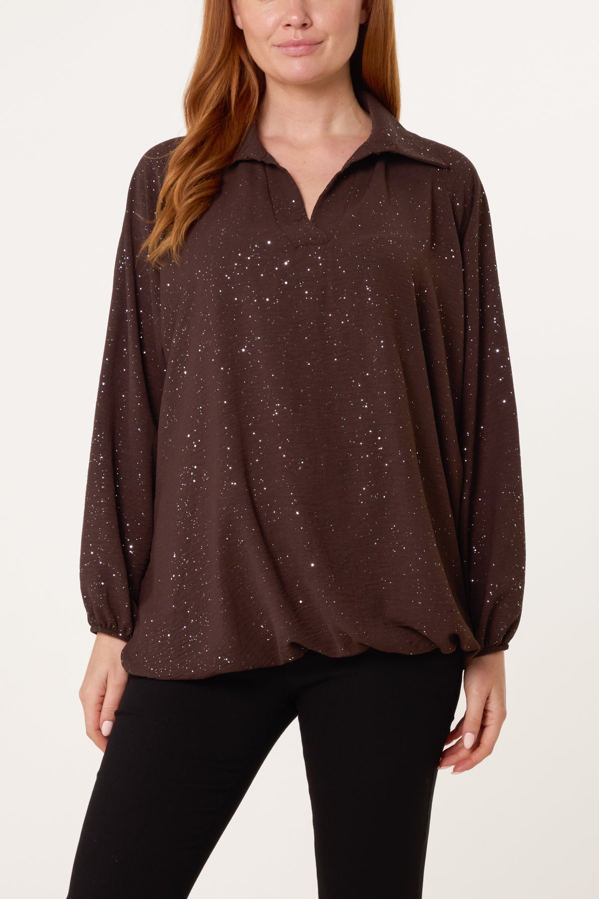 Metallic Glitter Collar Blouse