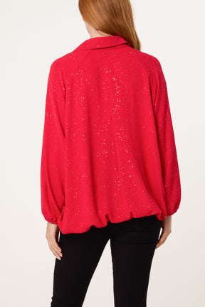 Metallic Glitter Collar Blouse