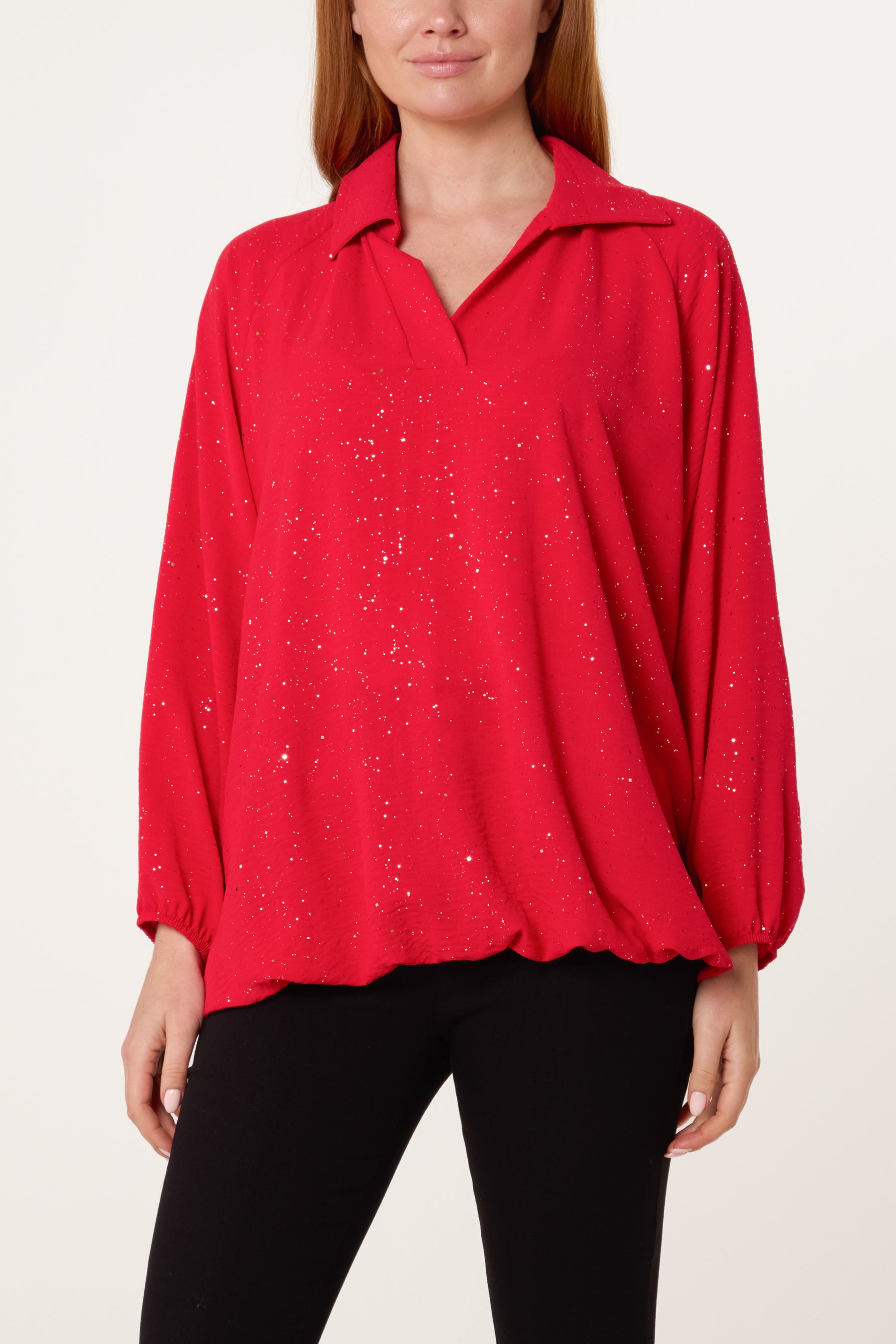 Metallic Glitter Collar Blouse