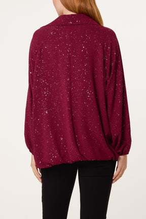 Metallic Glitter Collar Blouse