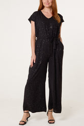 Metallic Glitter Belted Long Jumpsuit
