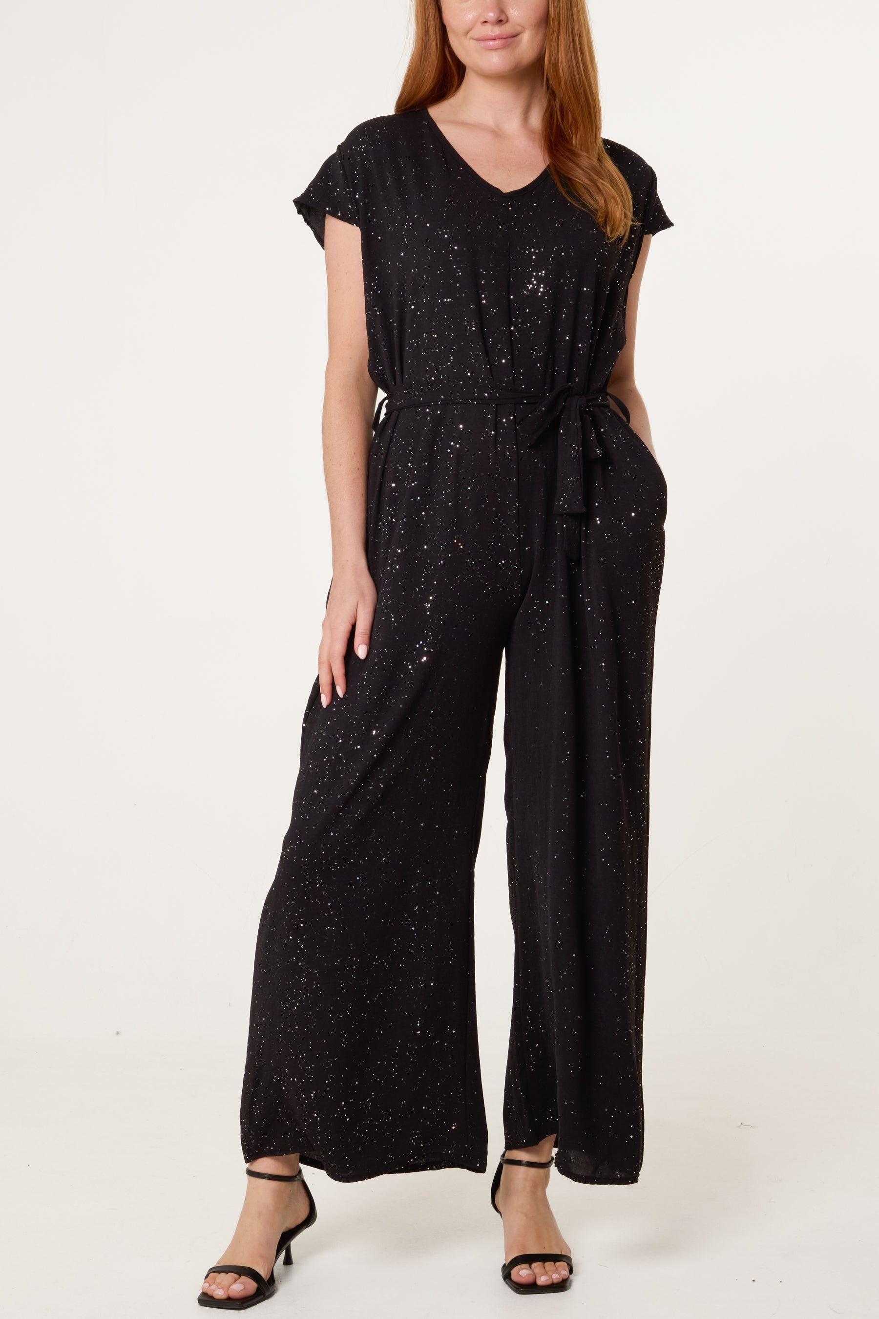 Metallic Glitter Belted Long Jumpsuit