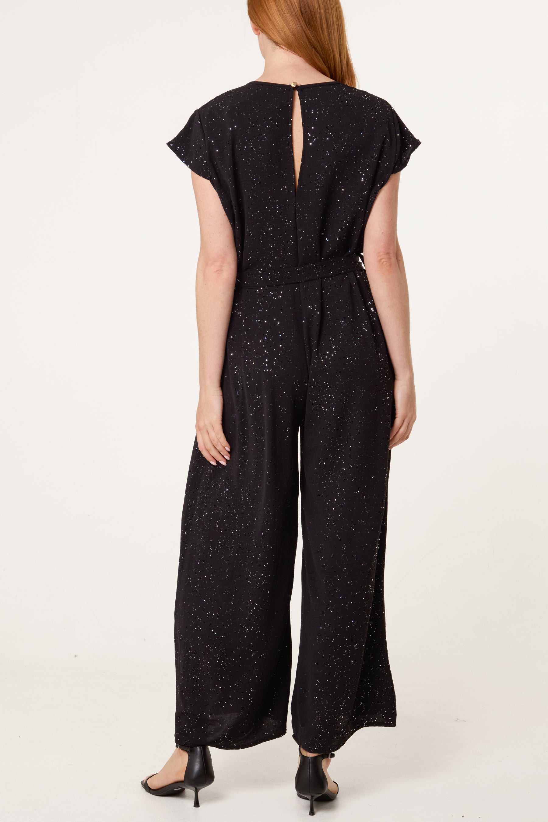 Metallic Glitter Belted Long Jumpsuit