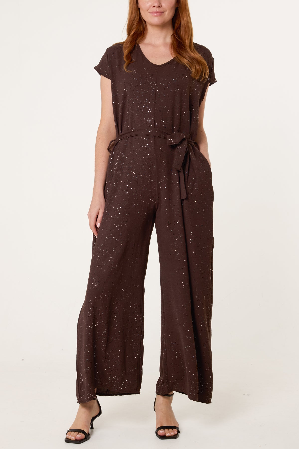 Metallic Glitter Belted Long Jumpsuit