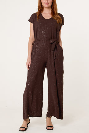 Metallic Glitter Belted Long Jumpsuit