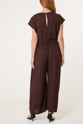 Metallic Glitter Belted Long Jumpsuit