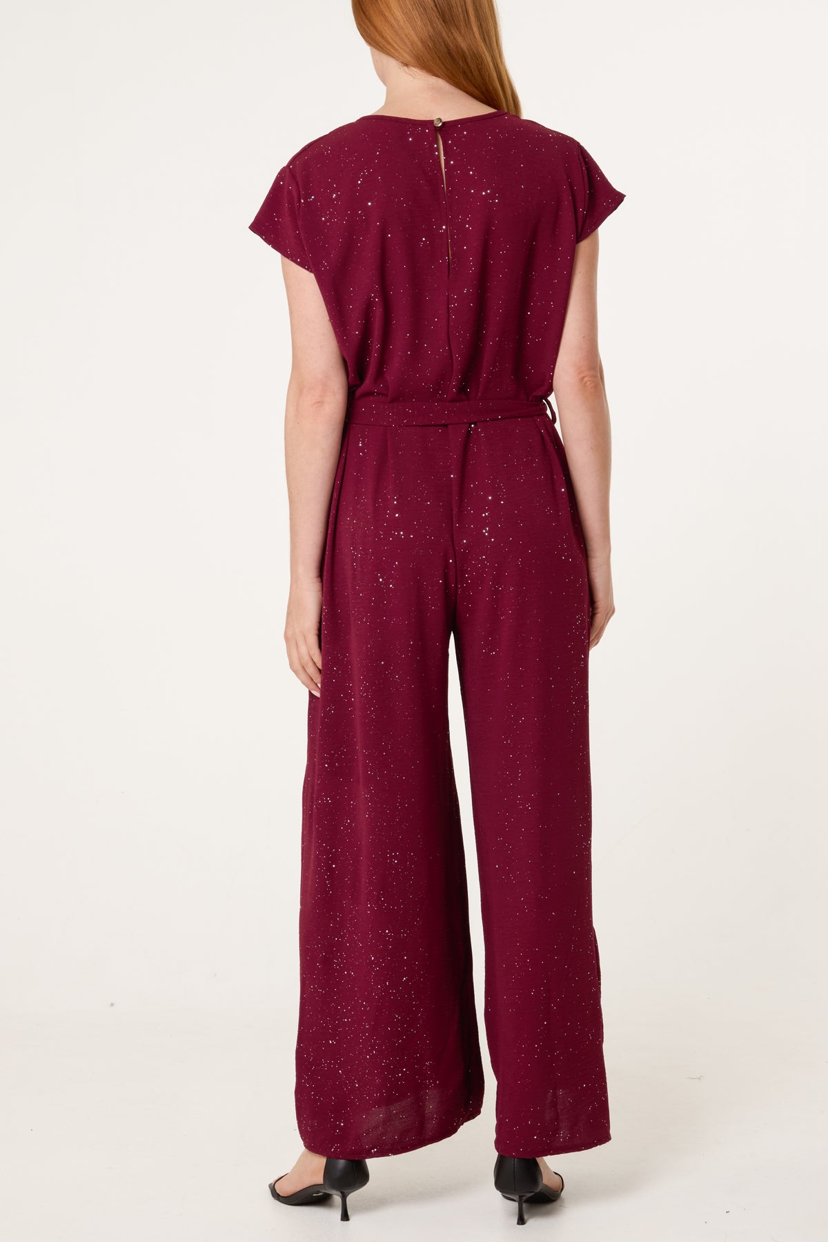 Metallic Glitter Belted Long Jumpsuit