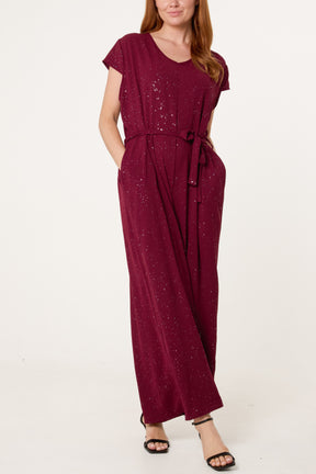 Metallic Glitter Belted Long Jumpsuit