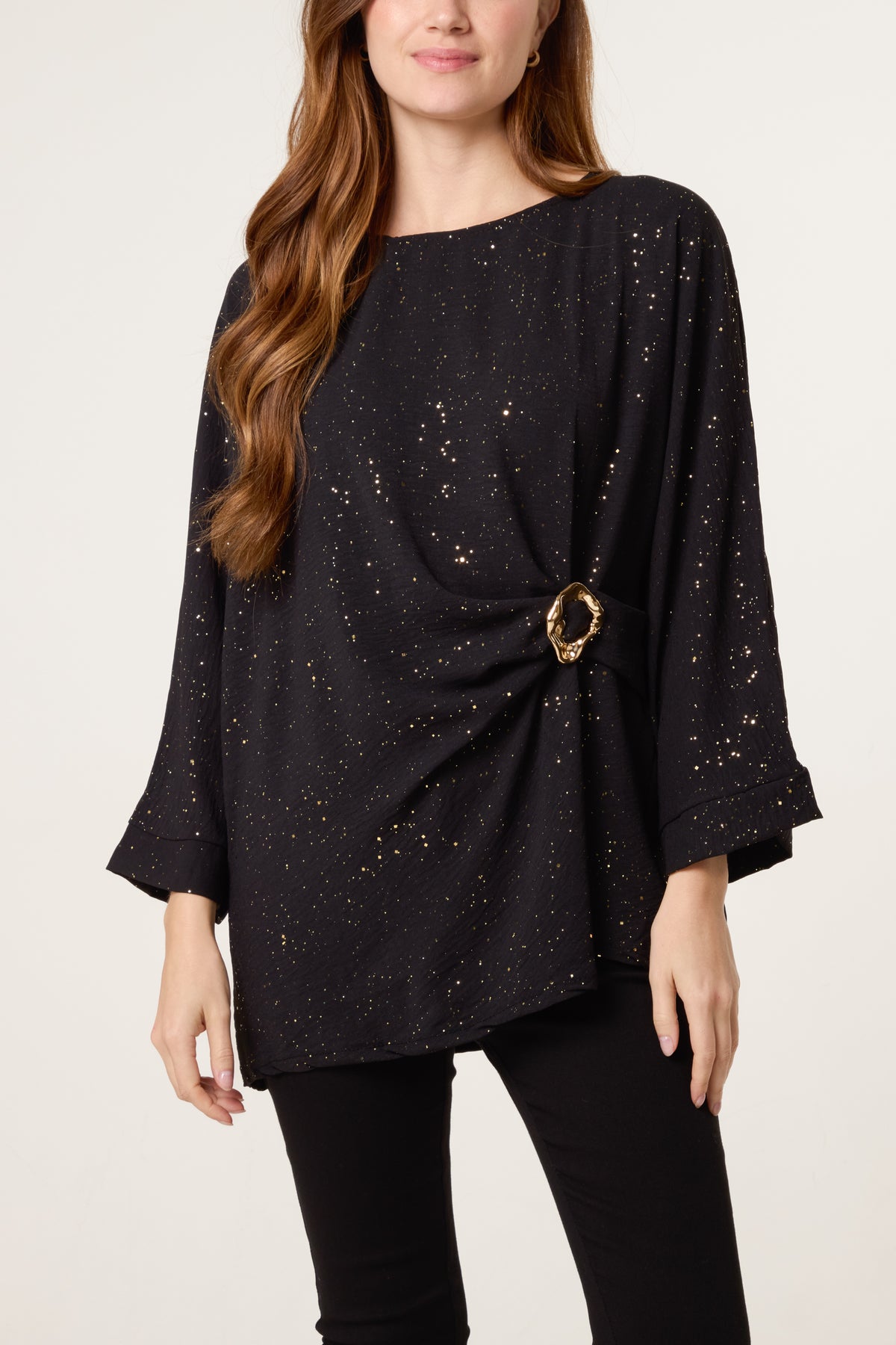 Metallic Glitter Side Gathered Blouse