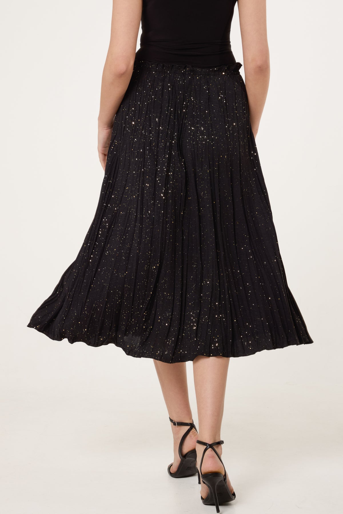 Metallic Glitter Pleated Midi Skirt