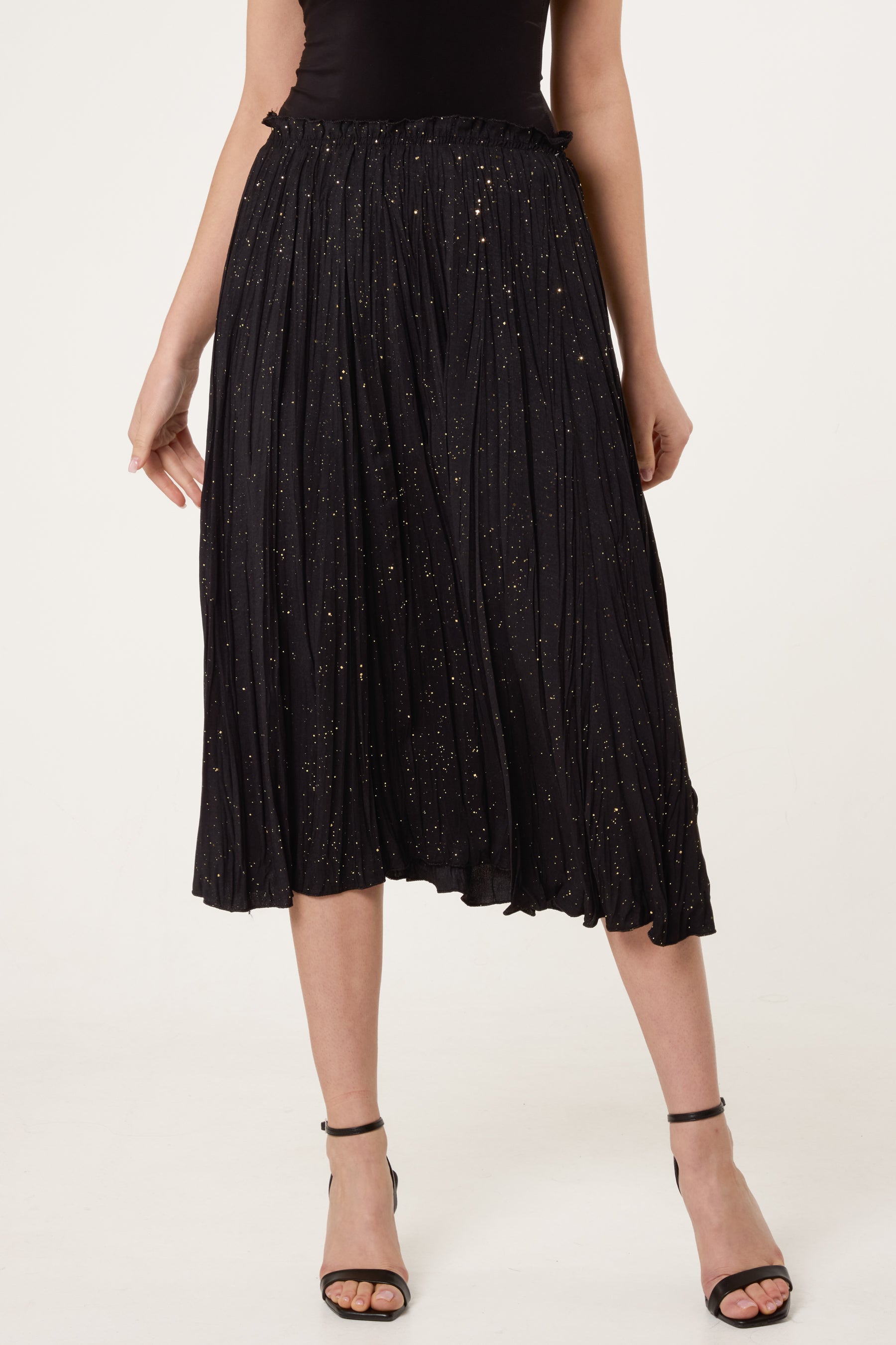 Metallic Glitter Pleated Midi Skirt