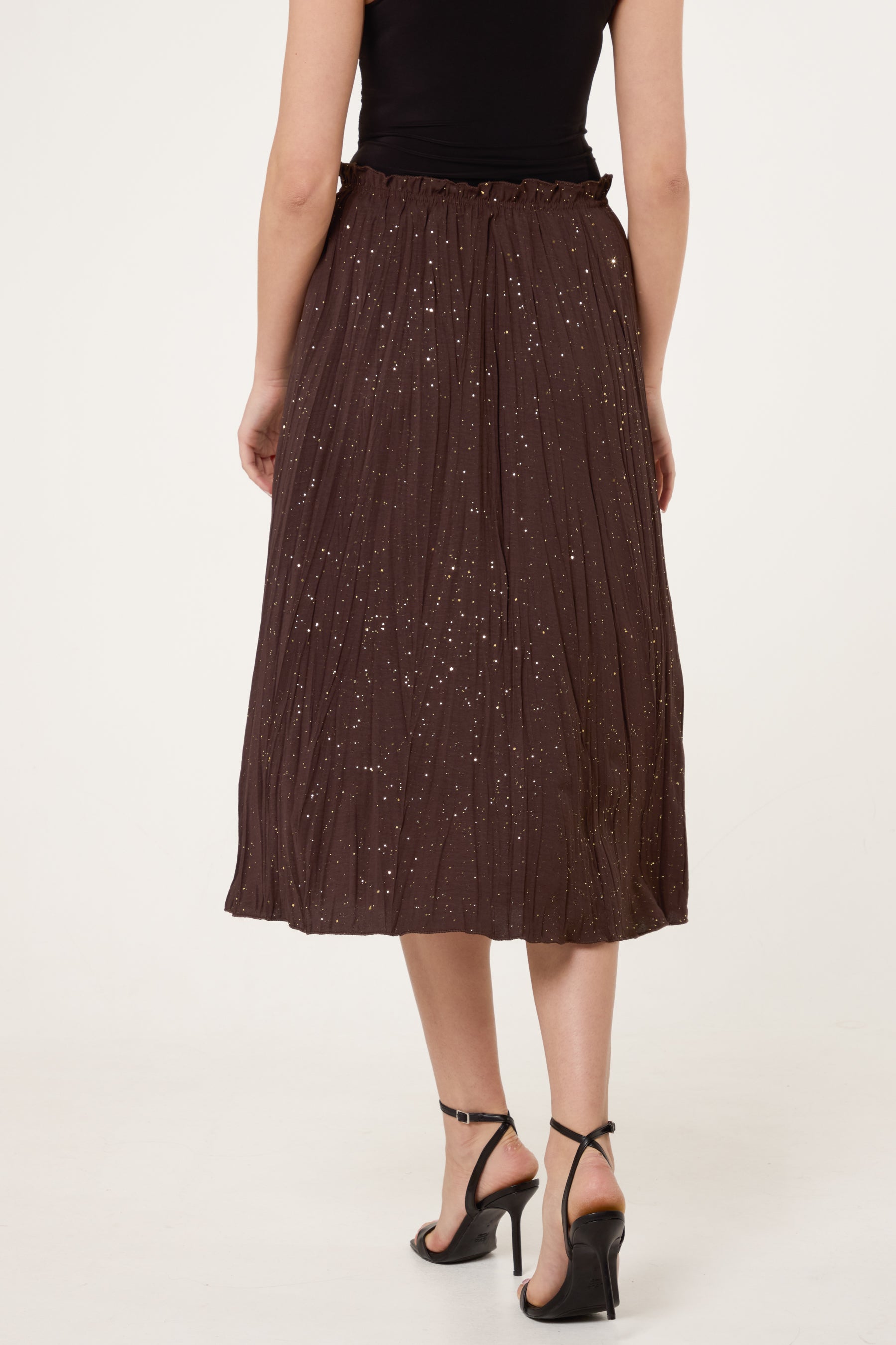 Metallic Glitter Pleated Midi Skirt
