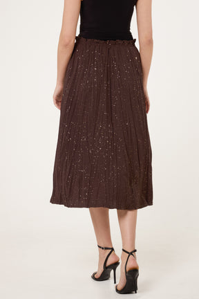 Metallic Glitter Pleated Midi Skirt
