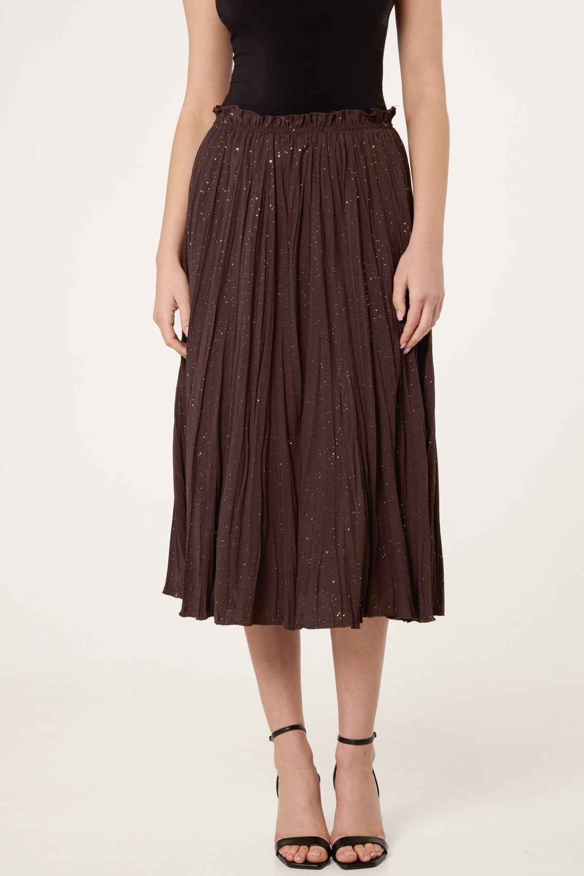 Metallic Glitter Pleated Midi Skirt