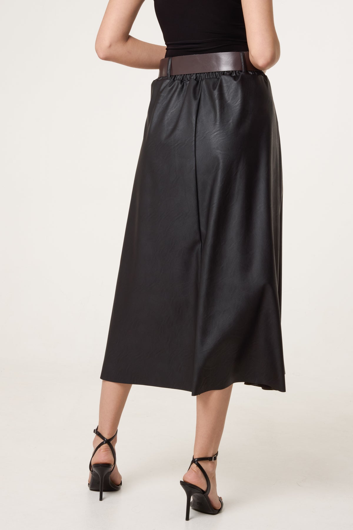 Belted Leather Look Midi Skirt