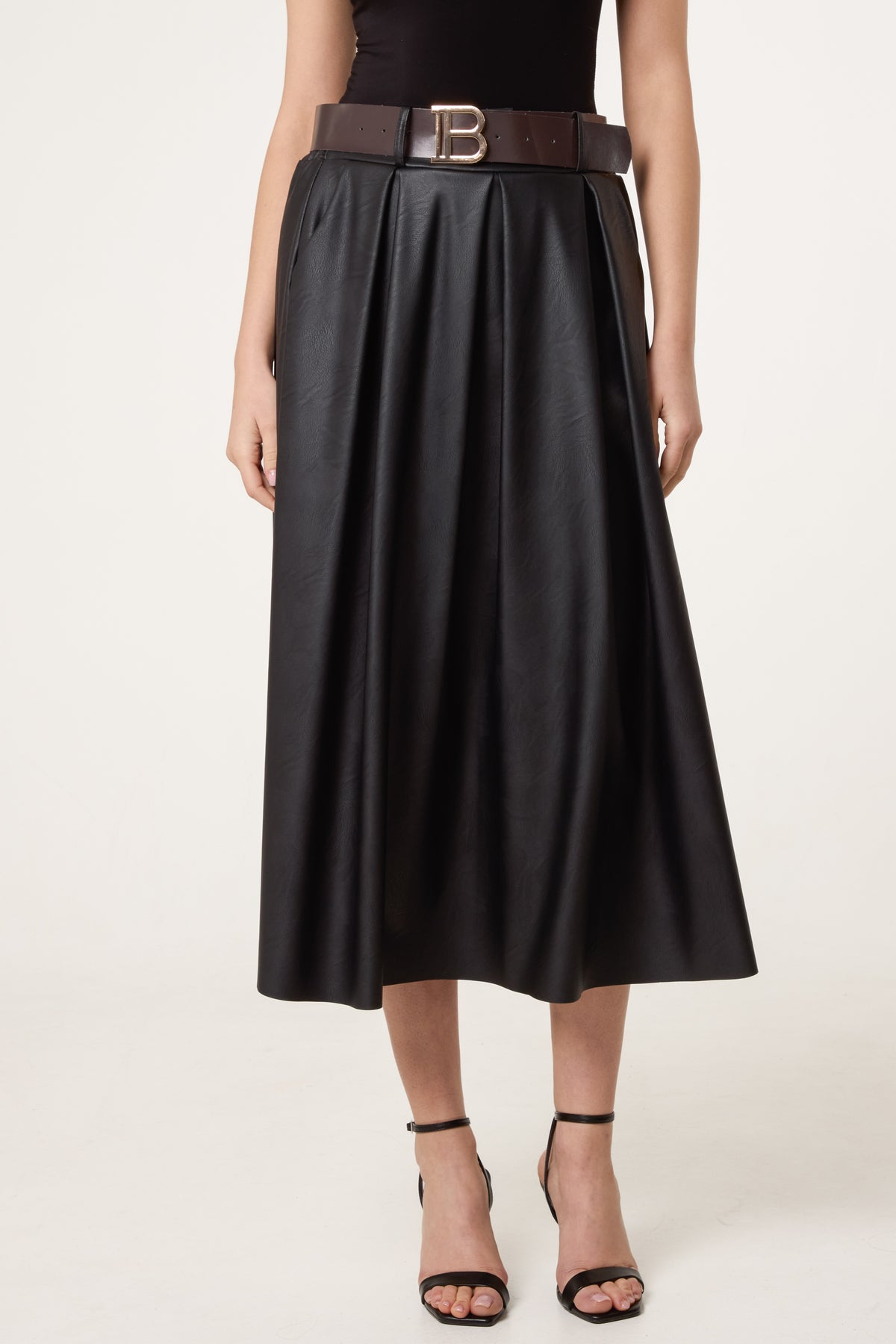 Belted Leather Look Midi Skirt