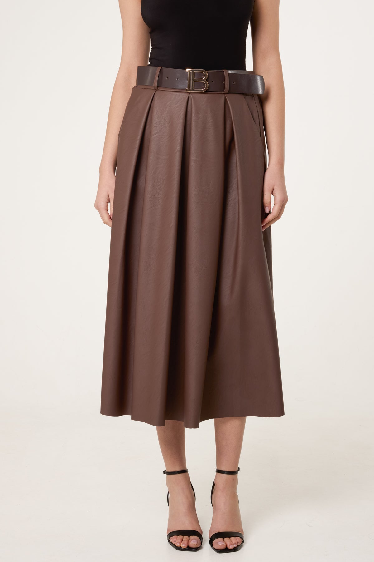 Belted Leather Look Midi Skirt