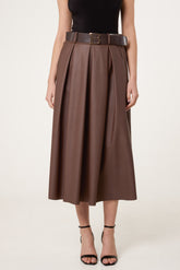 Belted Leather Look Midi Skirt