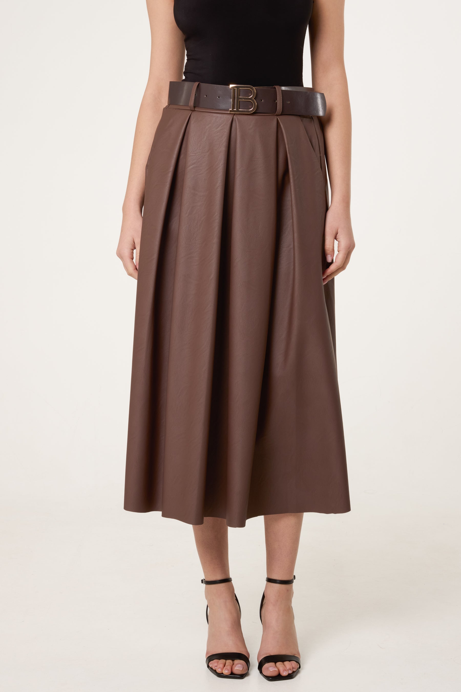 Belted Leather Look Midi Skirt