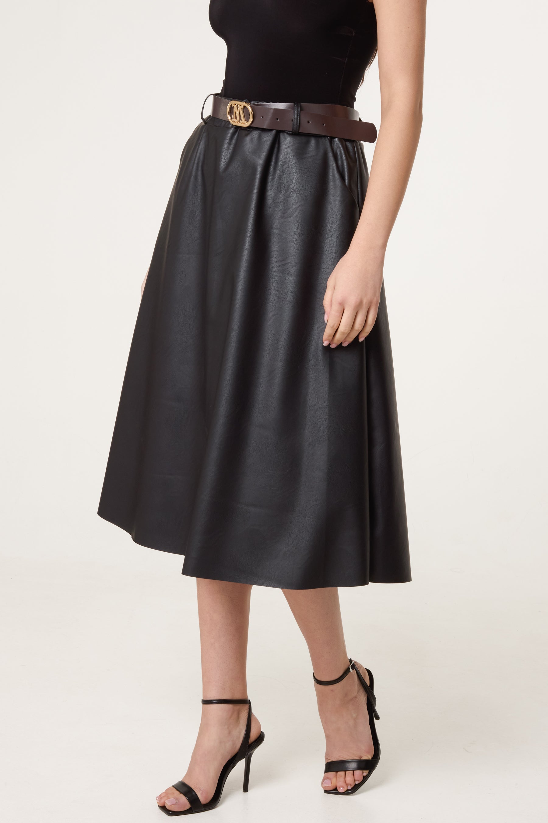 Belted Leather Like Swing Skirt