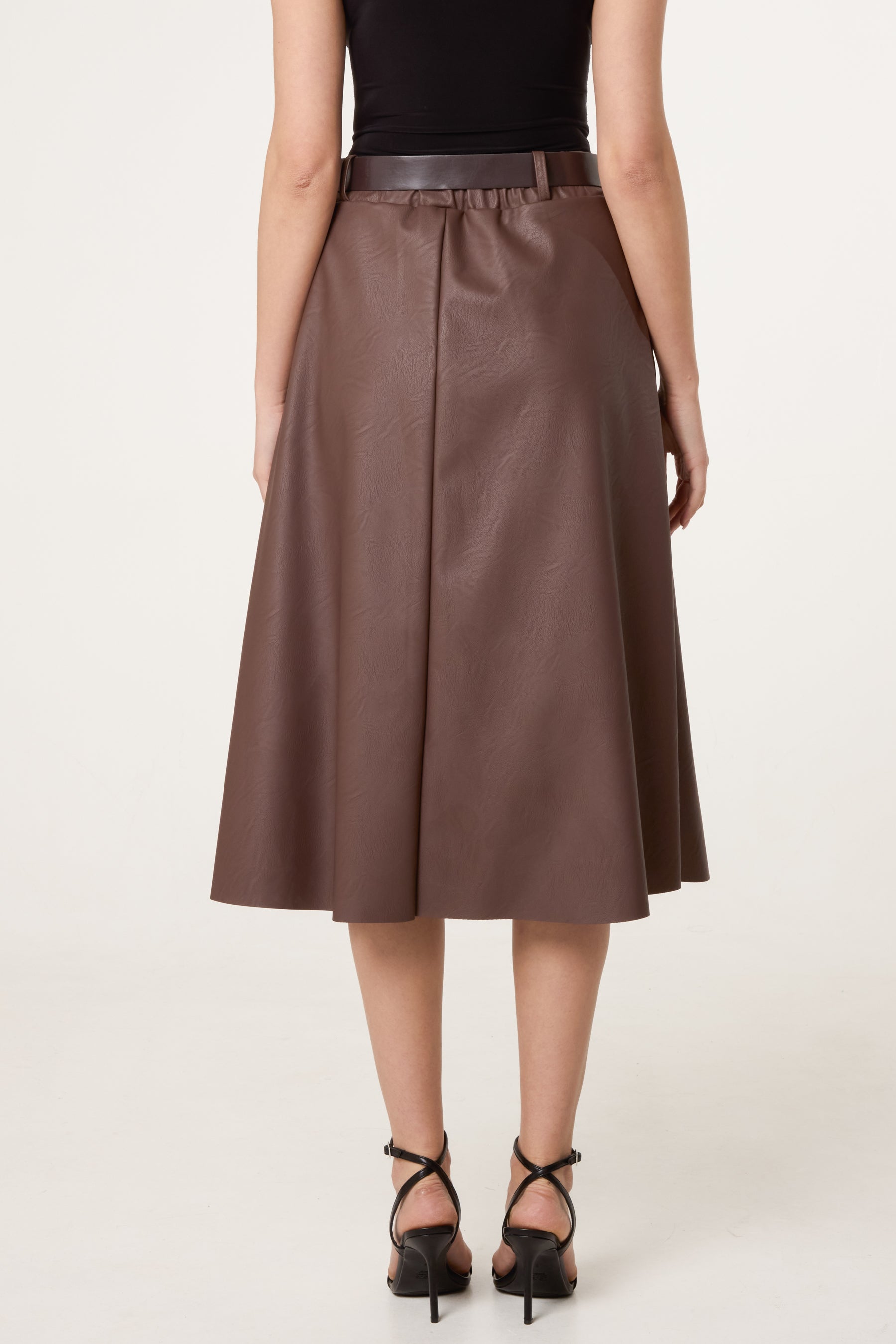 Belted Leather Like Swing Skirt