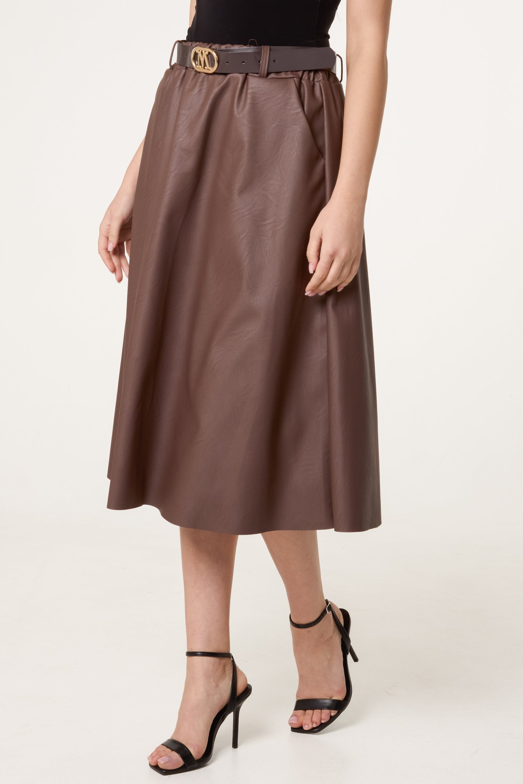 Belted Leather Like Swing Skirt