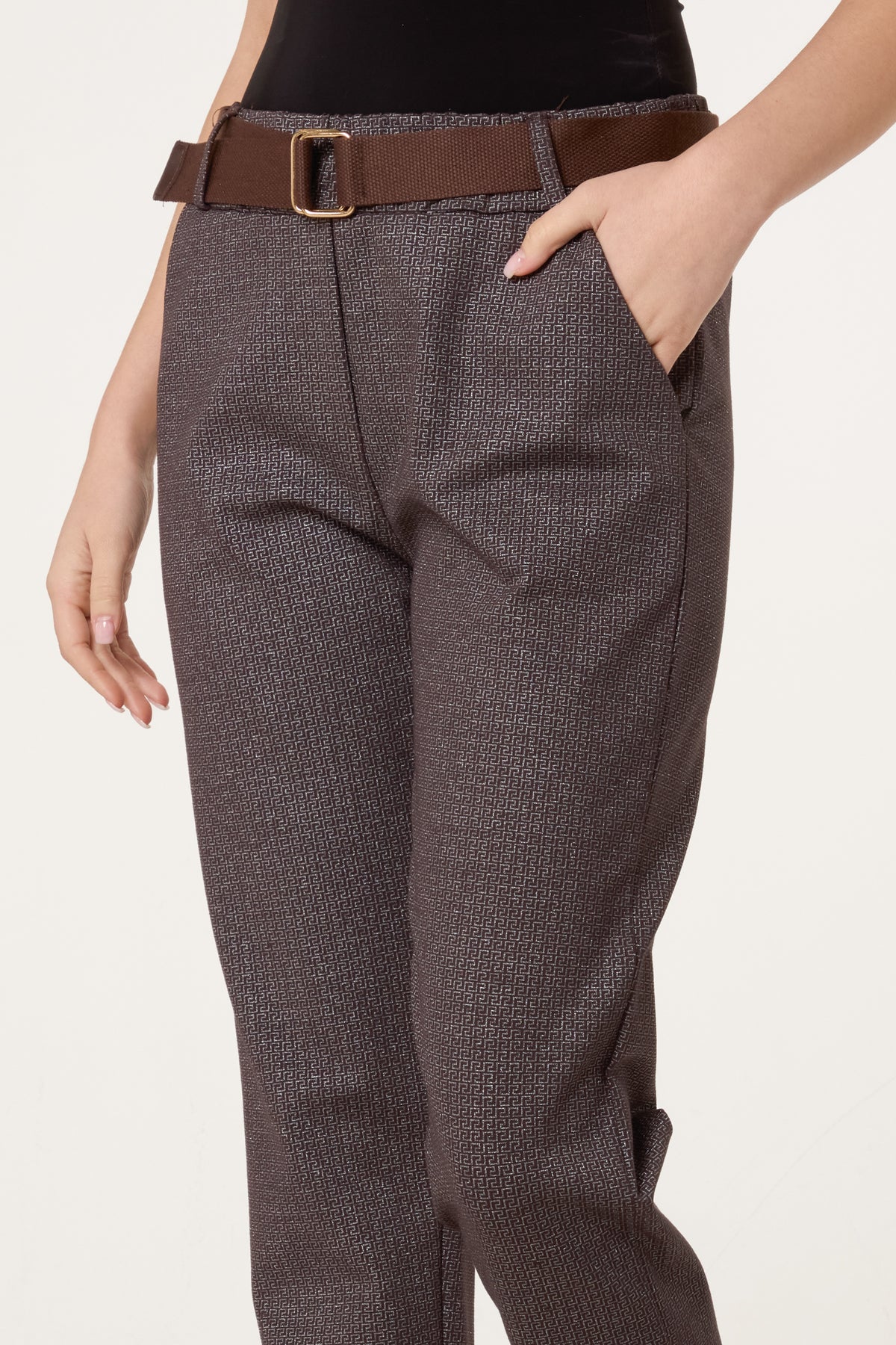 Metallic Geometric Belted Trousers