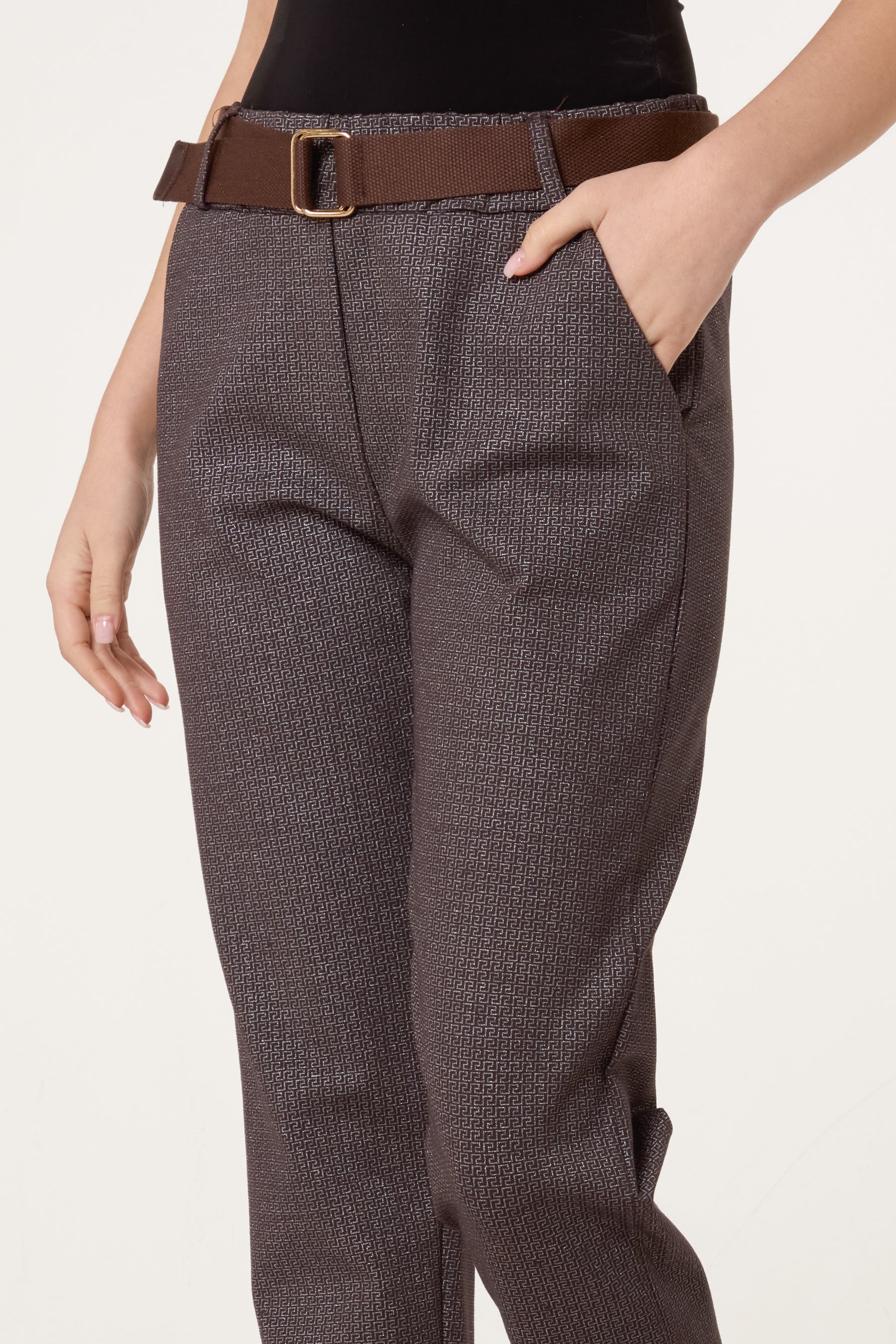 Metallic Geometric Belted Trousers