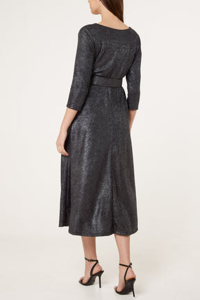 Shimmer Knit Belted Midi Dress