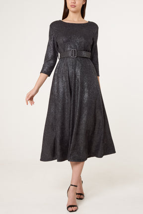 Shimmer Knit Belted Midi Dress