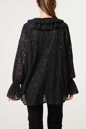 Ruffle Neck Sequin Lace Blouse