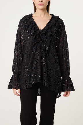 Ruffle Neck Sequin Lace Blouse