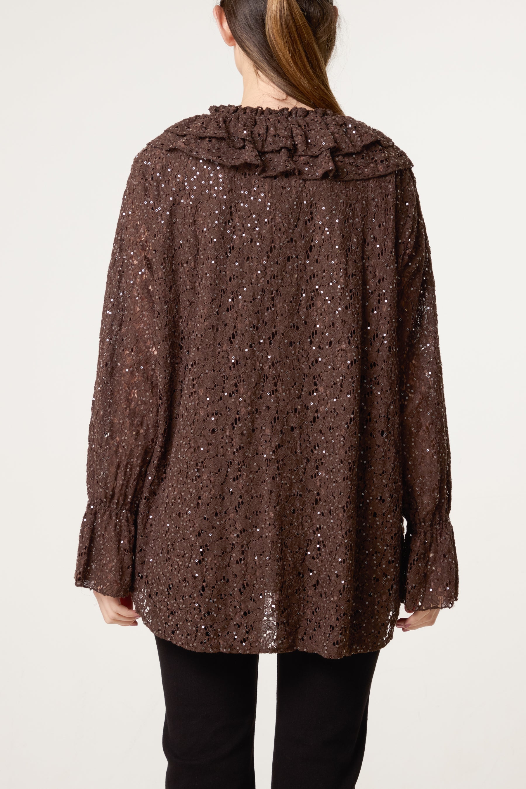 Ruffle Neck Sequin Lace Blouse