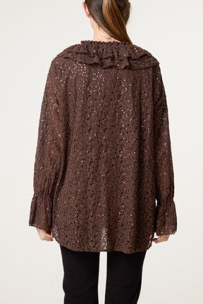 Ruffle Neck Sequin Lace Blouse