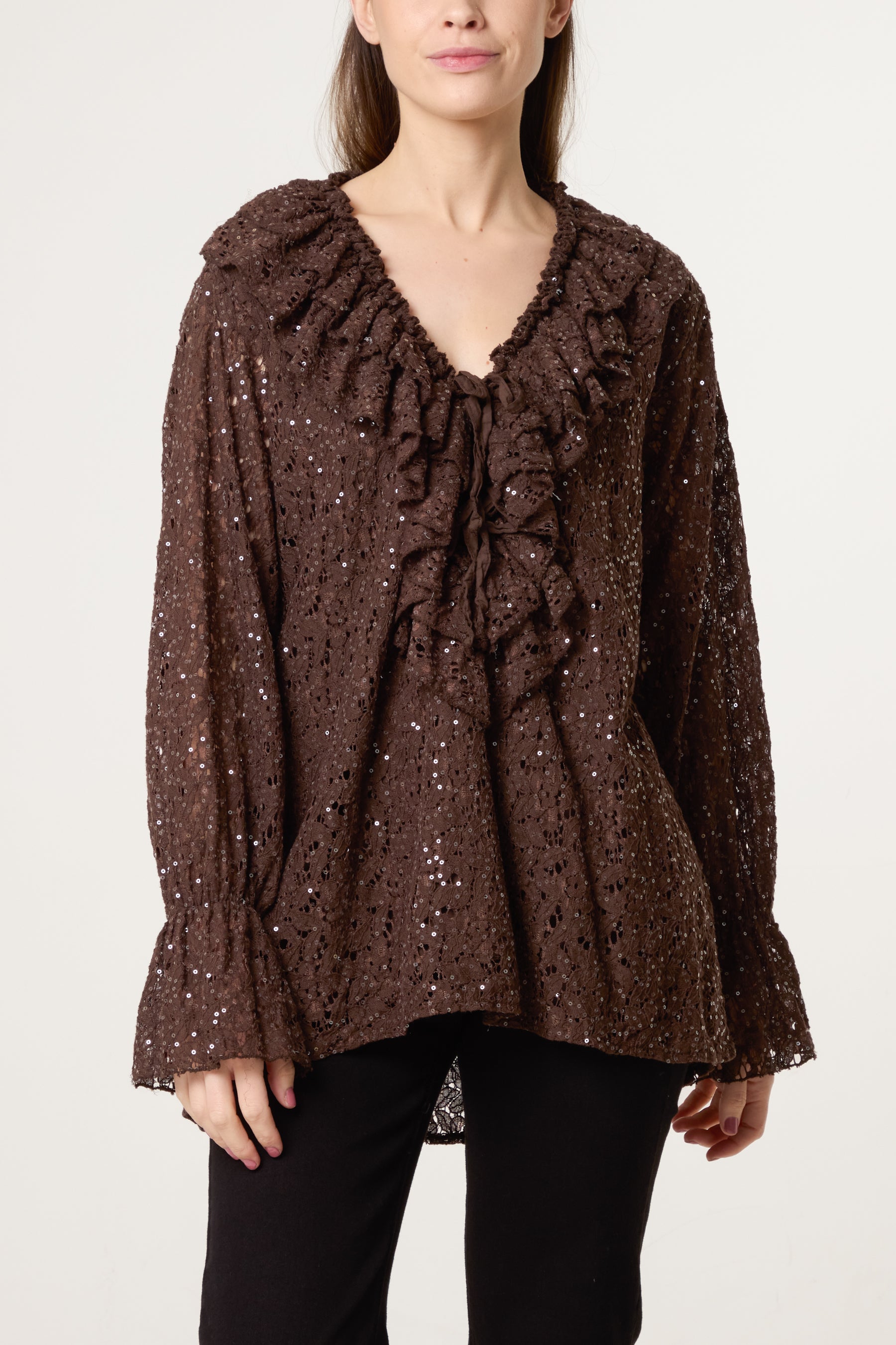 Ruffle Neck Sequin Lace Blouse