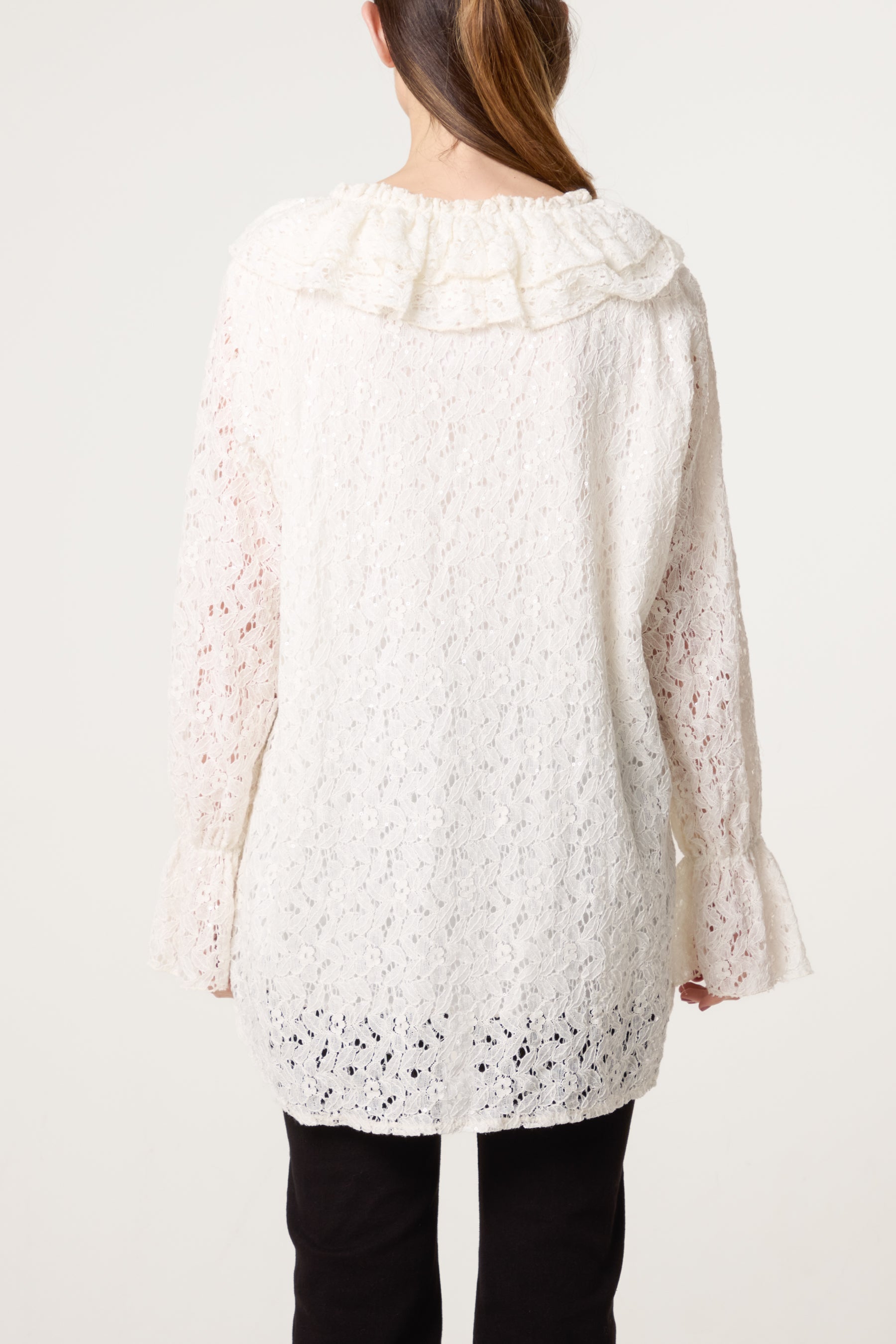 Ruffle Neck Sequin Lace Blouse