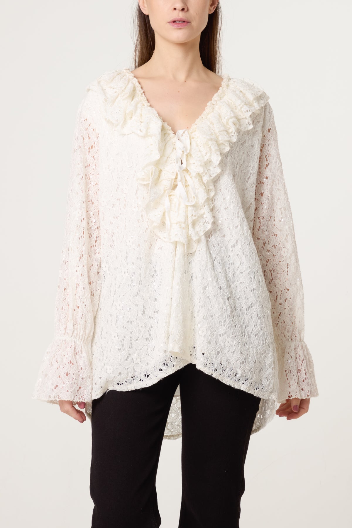 Ruffle Neck Sequin Lace Blouse