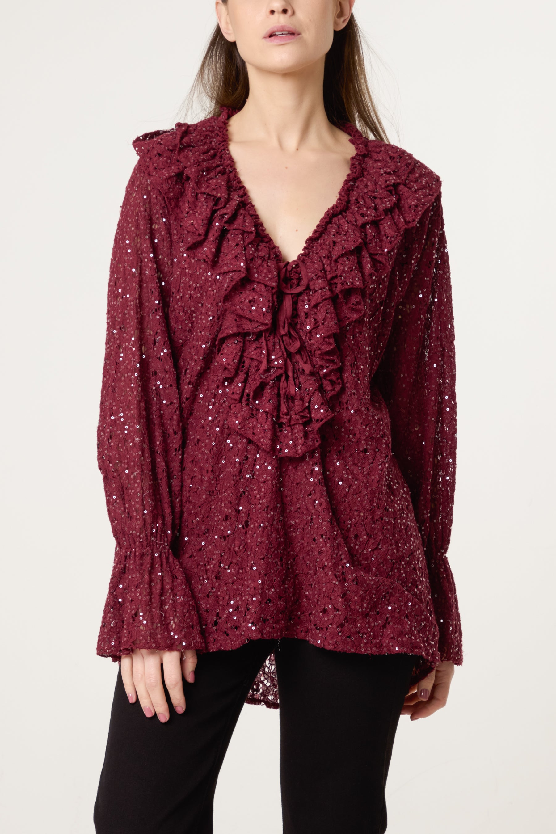 Ruffle Neck Sequin Lace Blouse