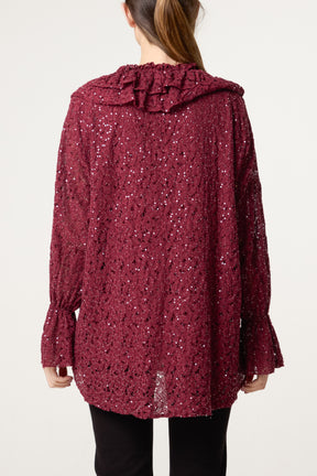 Ruffle Neck Sequin Lace Blouse