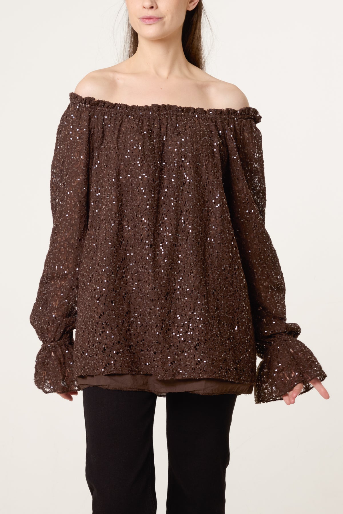 Off The Shoulder Sequin Lace Blouse