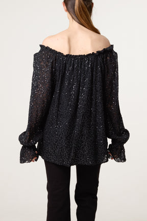 Off The Shoulder Sequin Lace Blouse