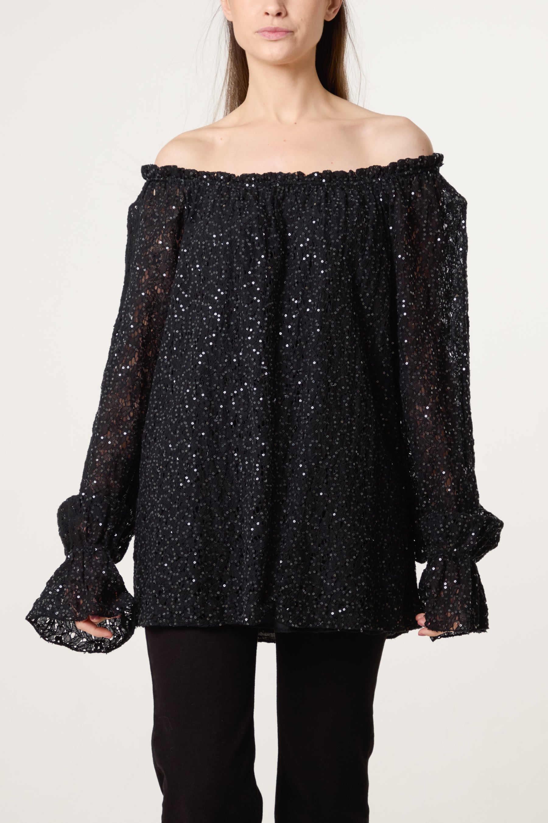 Off The Shoulder Sequin Lace Blouse