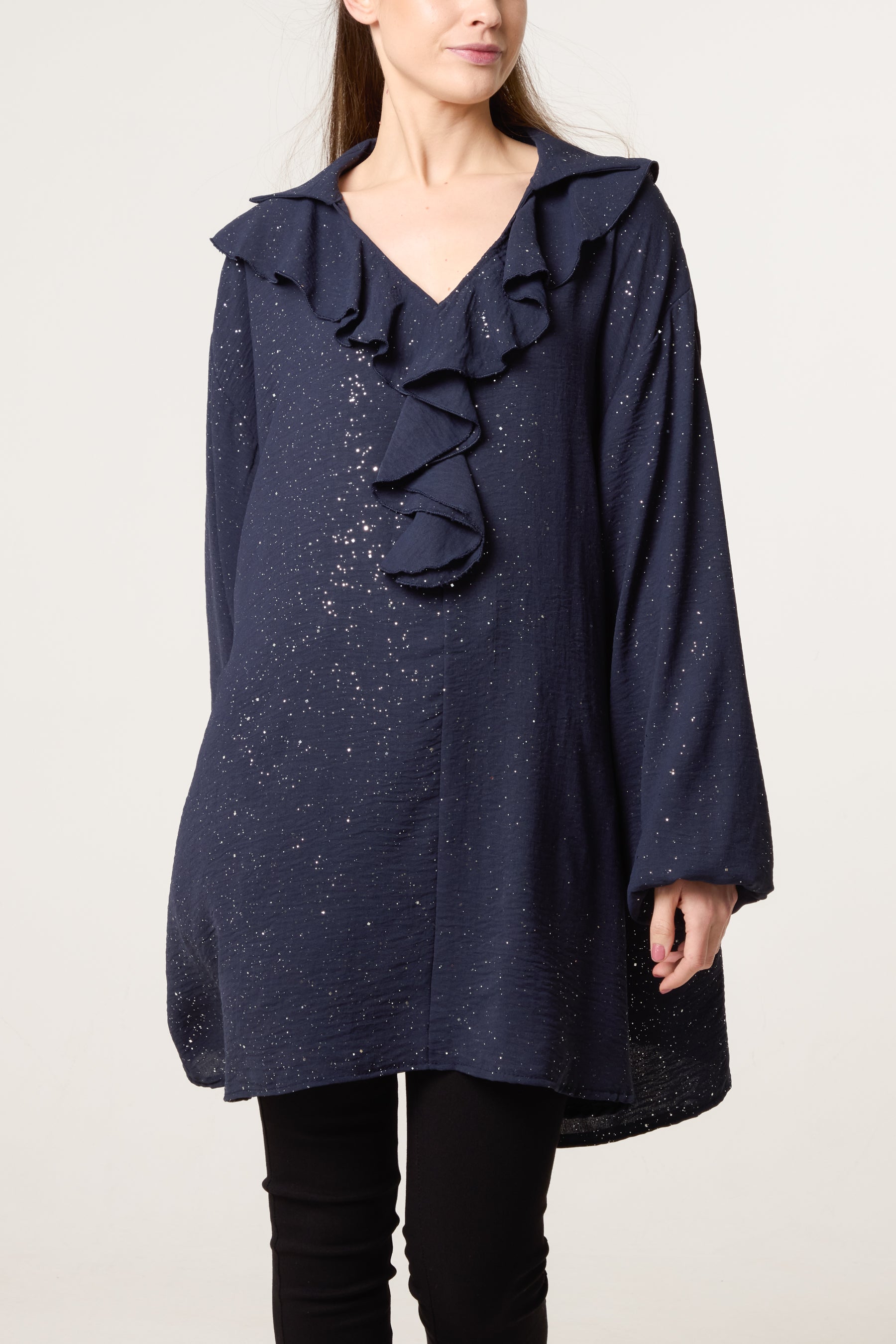 Collar Ruffle Metallic Glitter Blouse